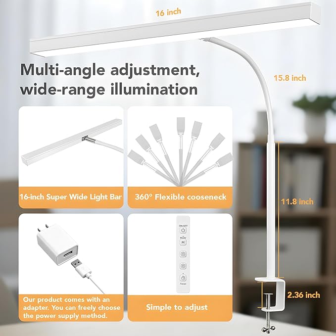 LED Desk Lamp for Office Home, Eye- caring Lamp with 10 Meter Remote Control Function, 5 Modes 10 Brightness Adjustable Desk Light Flexible Gooseneek Clip - on Light for Studying, Workbench (white)