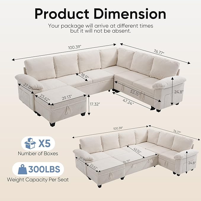 100" Modular Sectional Sleeper Sofa with Pull Out Bed,U Shaped 7 Seat Sectional Sofa with Storage,Modular Couch for Living Room,Deep Seat Couch with Removable Sofa Cover,Beige