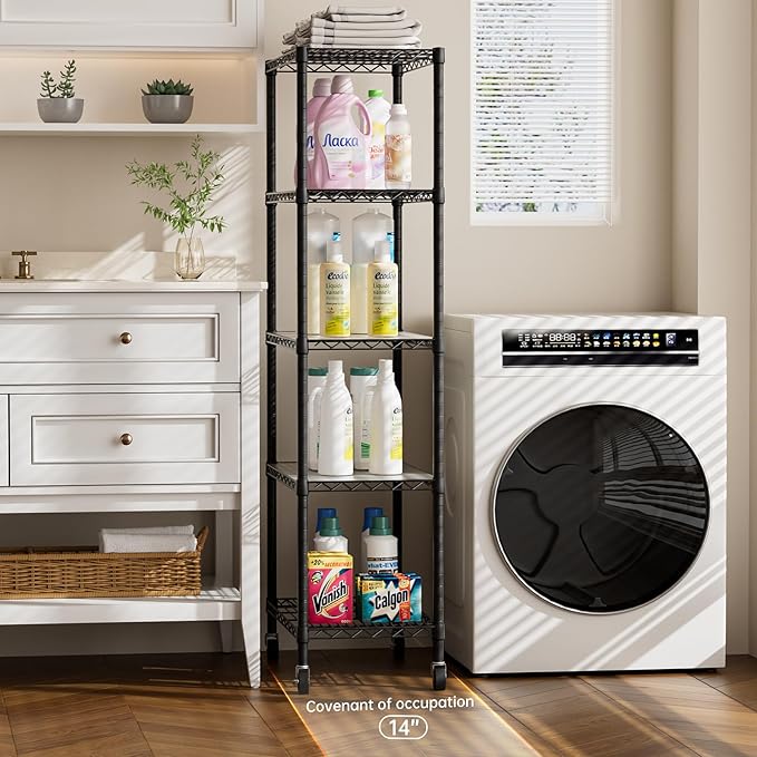 5 Tier Shelves Storage Shelf Wire Closet Bathroom Organizers Metal Pantry Kitchen Garage Shelving Unit Laundry Room Organization Home Rack Net Basket Black with Wheels 14”D X 24”W X 61”H