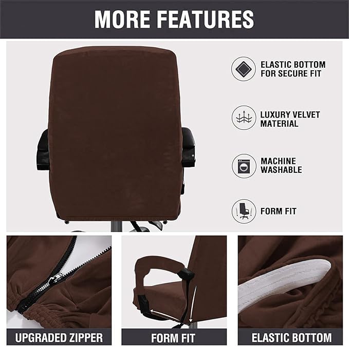 Velvet Plush Office Desk Chair Cover - Cat Proof Stretchable Elastic Comfy Protector for Ergonomic Office Chair with Wheels and Armrests, Fits Mesh and Executive Office Chairs,Removable,Coffee,XL