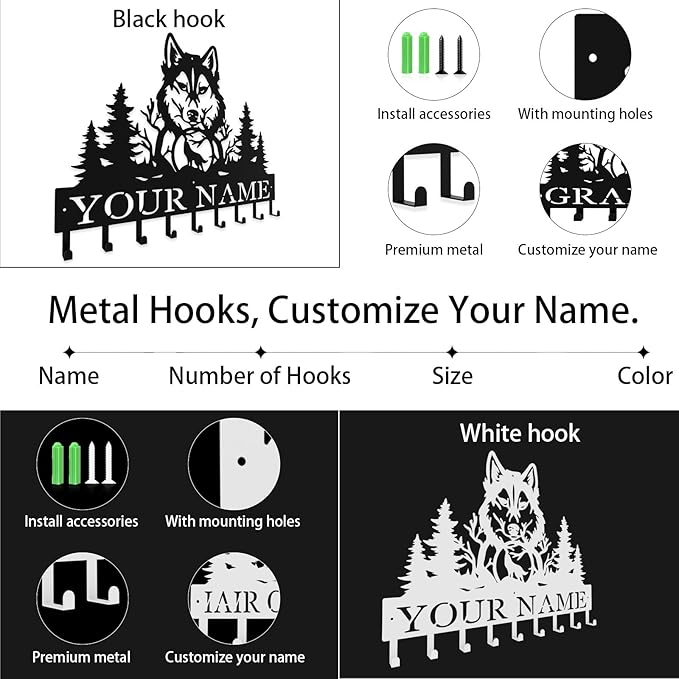 Personalized Key Hooks for Wall,Custom Name Mighty Wolf Key Holder Wall Mounted,Fashion Coat Rack,Metal Key Hanger with Hooks,Key Rack Organizer for Entryway,Hallway,Doorway