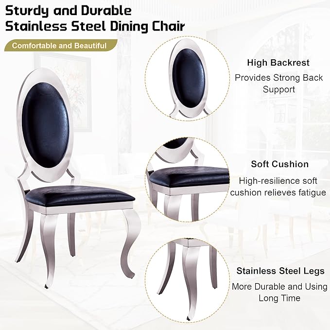 7-Piece Dining Table Set for 6, Faux Marble Modern Dining Table Set with 6 Big Oval Backrest Chairs, 70“ Stainless Steel Legs Table & Chair Set for Kitchen, Dining Room, Black & Silver