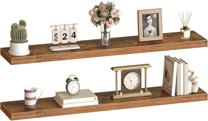 HOOBRO Floating Shelves for Wall, Wall Mounted Shelf Set of 2, 55" Hanging Shelf with Invisible Brackets, for Wall in Bathroom, Bedroom, Toilet, Kitchen, Living Room, Office, Rustic Brown BF140BJP201