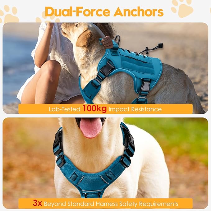 Heavy-Duty Tactical Dog Harness for Large Dogs, No Pull Adjustable Reflective Pet Vest with Molle System, K9 Military-Grade Control for Service Training, Outdoor & 10+ Breeds, Blue, X-Large