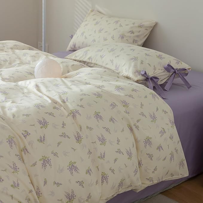 Purple Flower Duvet Cover Twin Soft 100% Cotton Floral Bedding Sets Lilac Floral Comforter Cover Vintage Garden Botanical Duvet Cover Girls Cottagecore Bedding Sets 1 Duvet Cover with 2 Pillowcases