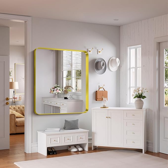 FORBATH 48x40 Inch Bathroom Mirror, Brushed Gold Deep Frame Wall Mirror with Rounded Corners, Anti-Rust Tempered Glass for Modern Farmhouse Vanity (Horizontal/Vertical)