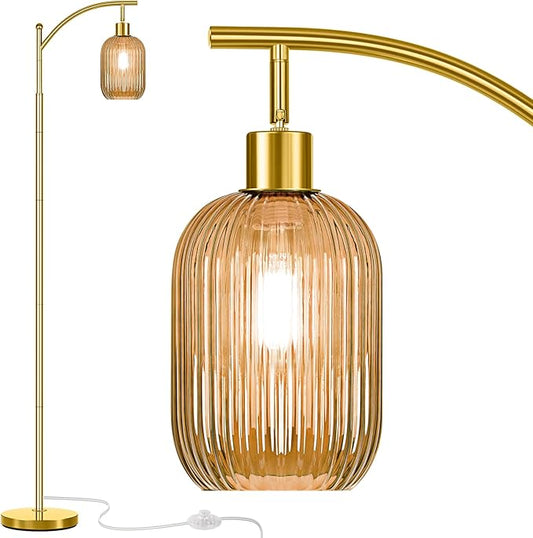 Glass Floor Lamp for Living Room, Modern Gold Standing Lamp with Ribbed Glass Lampshade Pedal Switch, 67” Tall Lamp for Bedroom Study Room