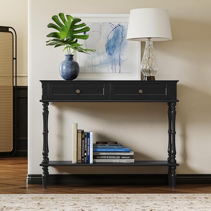 ARTPOWER Console Table for Entryway with 2 Drawers-Minimal Assembly,Retro Entryway Tables with Storage Cabinets and Open Shelf,Narrow Long Couch Table Behind Sofa for Living Room,Foyer,Hallway,Black