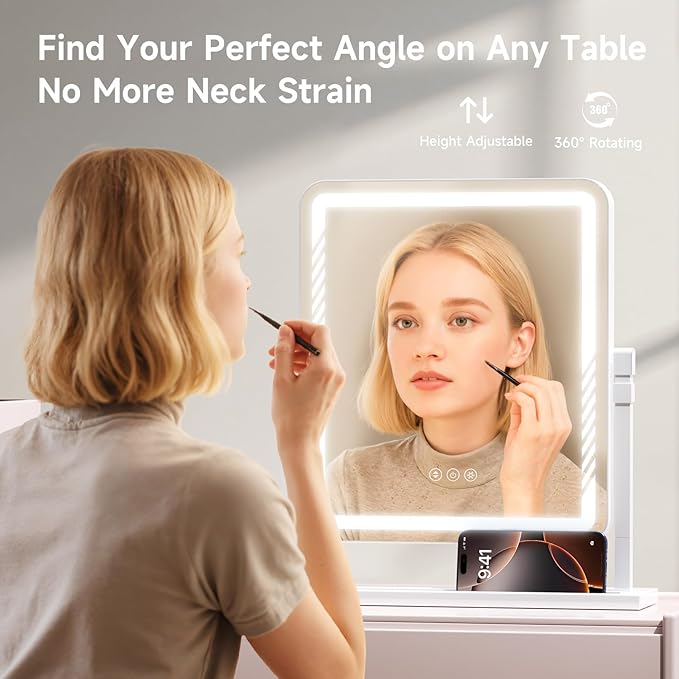 Vanity Mirror with Lights, Height-Adjustable & 360° Rotation, 1/10X Magnification, Three Color Lighting Modes, Makeup Mirror Smart Touch Control, Large Vanity Desk Mirror (17.5in,White)