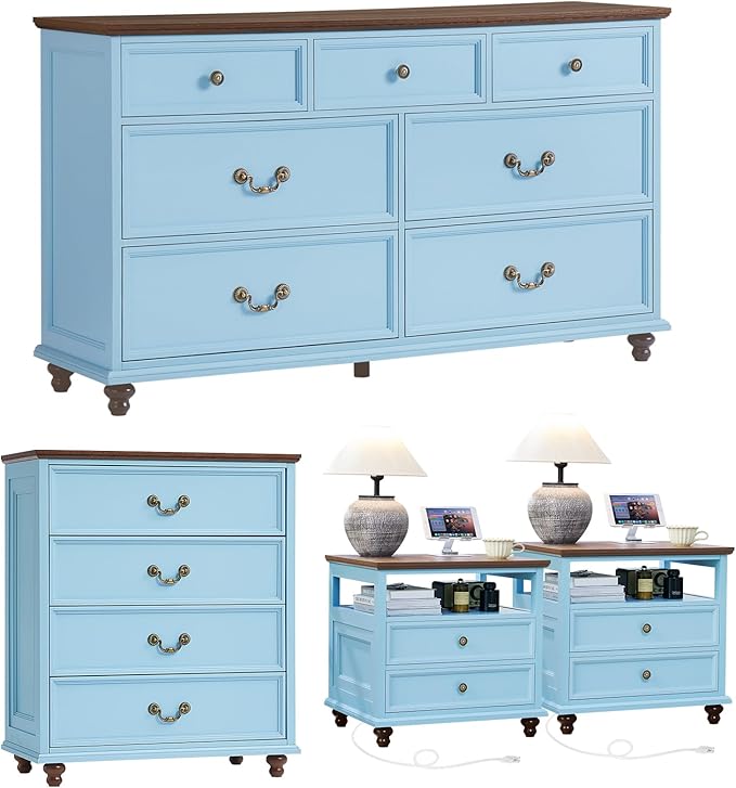 24" Wide Farmhouse Nightstand with Charging Station Set of 2,54" 7 Drawers Dresser, 37" Tall Rustic Chests of Drawers, Farmhouse Furniture Series for Bedroom,LightBlue