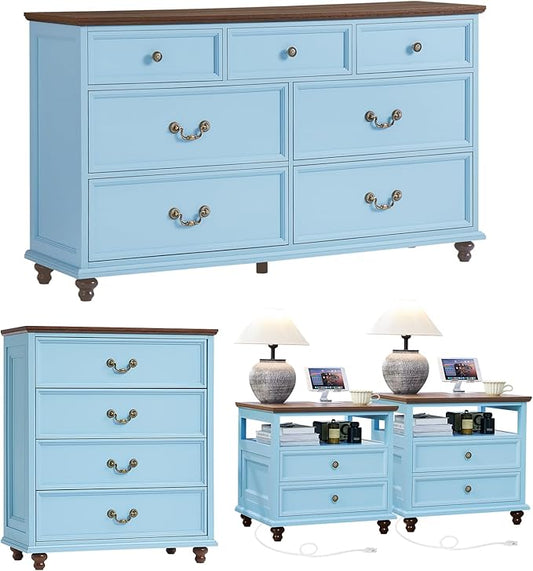 24" Wide Farmhouse Nightstand with Charging Station Set of 2,54" 7 Drawers Dresser, 37" Tall Rustic Chests of Drawers, Farmhouse Furniture Series for Bedroom,LightBlue