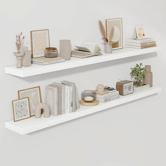 Fun Memories 72 Inch Floating Shelves for Wall, Fireplace Mantel Shelf with Invisible Heavy Duty Bracket, 8 Inch Deep Storage Shelf for Living Room, Kitchen, Farmhouse, White (2-Pack)