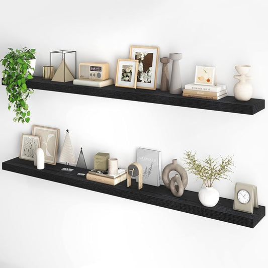 Fun Memories 72Inch Floating Shelves,Wall Mounted Rustic Wood Floating Shelf with Invisible Brackets for Storage & Decor,2 Pack Shelves for Bathroom,Bedroom and Kitchen,Black