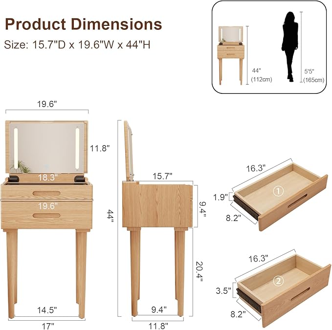 Solid Wood Small Vanity Desk with Mirror and Lights, Narrow Makeup Vanity for Small Space, Flip Top Vanity Side Table, 3 Color Modes & Adjustable Brightness, 19.6" Slim Dressing Table, Natural