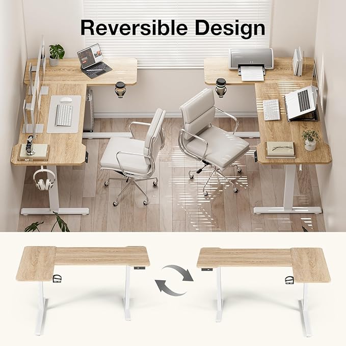 71" Reversible L-Shaped Electric Standing Desk Adjustable Height Gaming Stand Up Corner Desk Sit Stand Home Office Computer Desk with Splice Board, Basswood