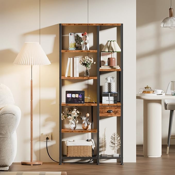 Furologee Bookshelf with USB Ports and Outlets, Shelf with Drawer, Industrial Display Shelves with Charging Station, 6 Tier Storage Shelves for Bedroom, Living Room, Home Office, Rustic Brown