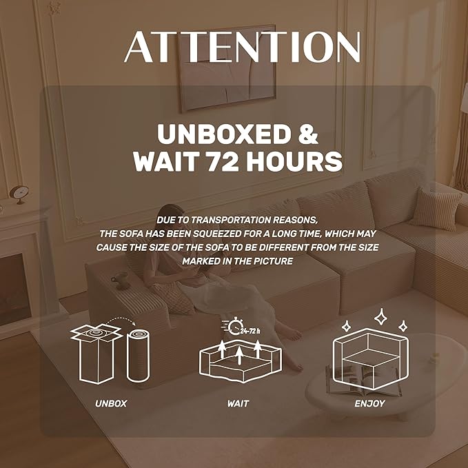 138" Boneless Couch with Deep Seat, Modular Sectional Sofa, Cloud Sectional Couch for Living Room, No Assembly Required, Corduroy, 4 Seater L-Shape Right, Camel