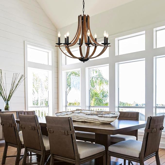 Rustic Farmhouse Dining Room Chandelier Light Fixture, 8-Light 28" Adjustable Chandelier for Kitchen Island, Living Room, Foyer, Staircase, Restaurant, Showroom, Villa, Faux Walnut