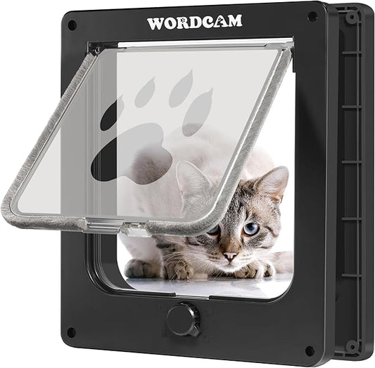 Wordcam Large Cat Door(Outer Size 10.7'' x 9.5''), Robust Cat Door for Interior Exterior Doors, 4 Way Lockable Cat Flap Door, Pet Door for Cats Kitty Kittens Doggies (Black, L)