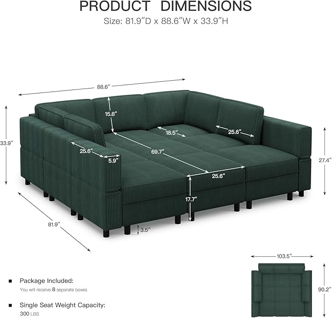 88.6" 9 Seat Modular Sectional Sofa with Deep Storage Seat,Corduroy Comfy Sectional Couch Convertible Modular Sleeper Sofa Couch with Movable Ottoman,Upholstered Couches for Living Room,Green