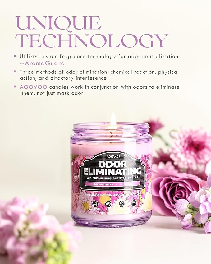 AOOVOO Dreamy Garden Odor Eliminating Highly Fragranced Candle - Eliminates 95% of Pet, Smoke, Food, and Other Smells Quickly, Air Freshing Soy Candle, 9 oz Up to 50 Hours Burn time