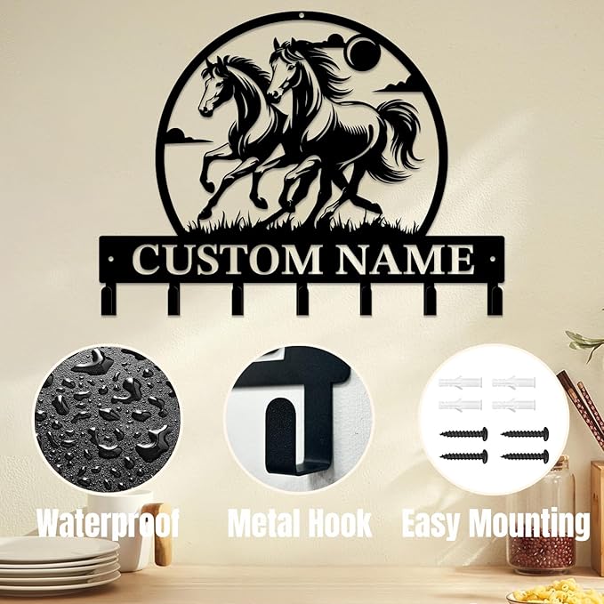 Personalized Custom Name Farm Horse Wall Key Hooks,Metal Horse Art Clothes Hooks,Metal Horse Wall Home Storage Decorative,For Front Door, Hallway, Kitchen, Bedroom,Keys,Hats (Style M)
