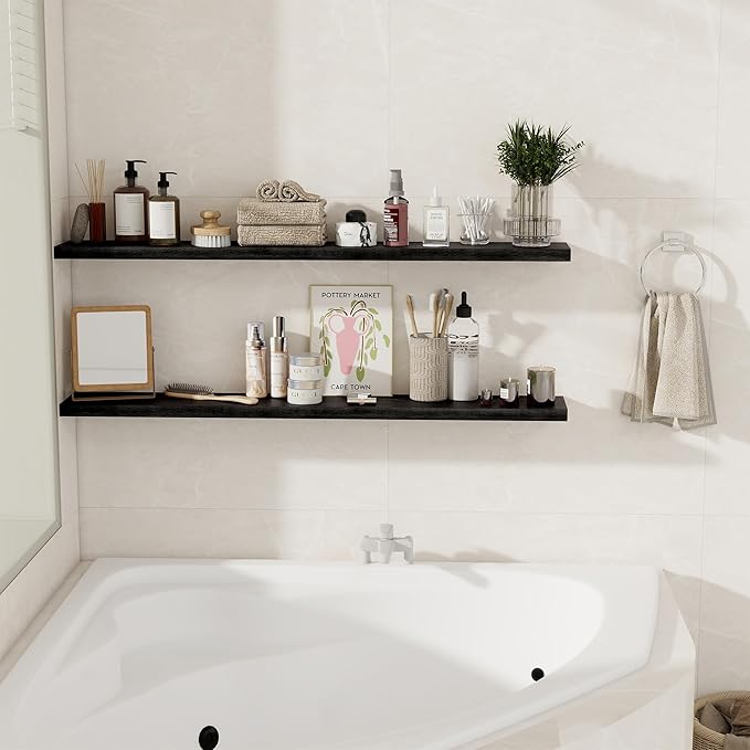 Fun Memories Floating Shelves for Wall, 48 Inch Floating Shelves for Home Decor, Wall Mounted Rustic Wood Shelves, Bathroom, Hanging Deep Shelf for Bedroom, Living Room, Kitchen (Black, Set of 2)