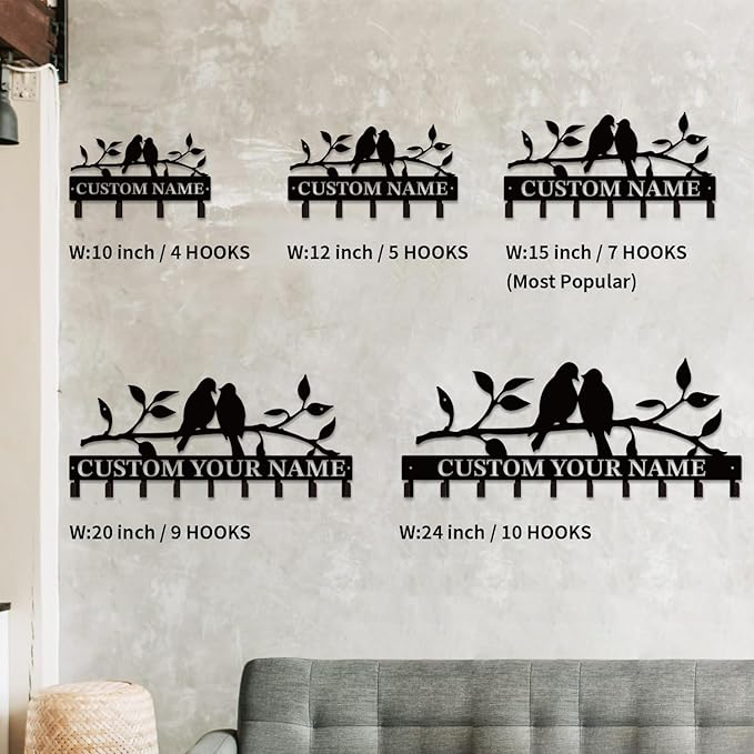 Personalized Custom Name Birds of Trees Wall Key Hooks,Metal Birds of Trees Art Clothes Hooks,Metal Birds of Trees Wall Home Storage Decorative,For Front Door, Hallway, Kitchen, Bedroom (Style D)