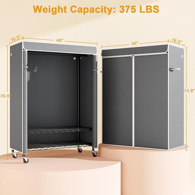 P6C Plus Rolling Clothes Rack with Cover, Covered Clothing Rack Heavy Duty, Portable Closet for Hanging Clothes, Garment Rack on Wheels, Black Closet Rack with Gray Cover, Max Load 375LBS