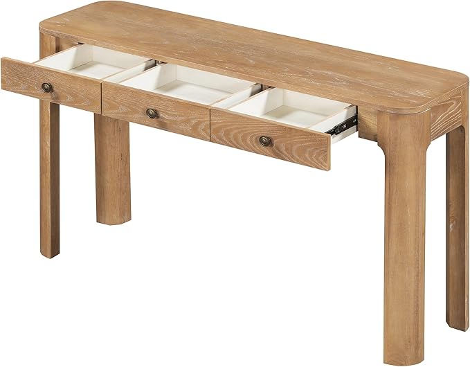 52“ Rustic Console Table with Curved Corners for Safety, Entryway Table with 3 Concealed Drawers, Sturdy Sofa Table with Thick Legs for Hallway & Living Room(Natural)