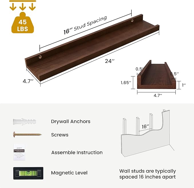 Solid Ash Wood Picture Ledge Shelf, 24 Inch Floating Shelves with Lip Set of 2, Photo Ledge Shelf Nursery Bookshelf Wall Mounted for Living Room Bedroom Decor, Walnut