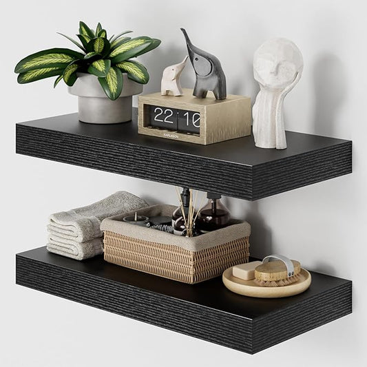 Heimlove 12" Deep Black Floating Shelves for Wall, 24 Inch Shelf Bathroom Shelves Set of 2, Mounted Shelves for Books Living Room Laundry Room Bedroom Kitchen Home Office