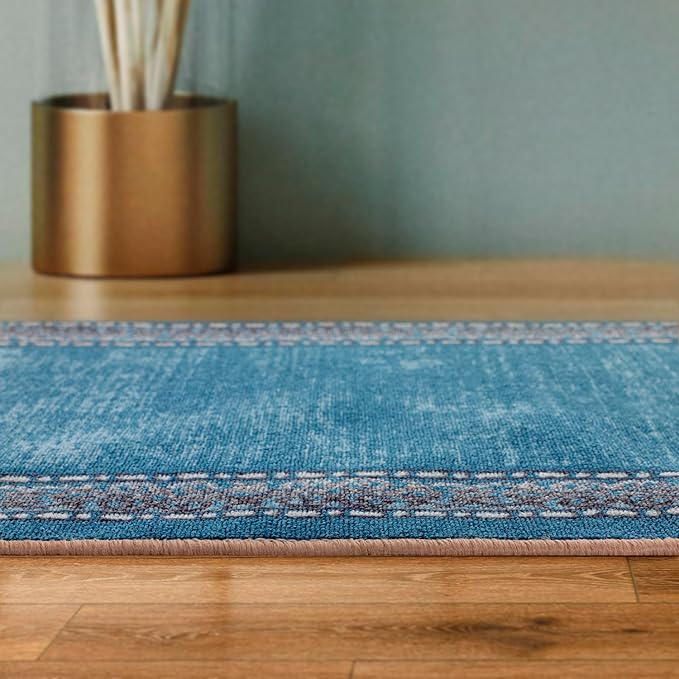 Antep Rugs Alfombras Bordered Modern 2x4 Non-Slip (Non-Skid) Low Pile Rubber Backing Kitchen Area Rug (Turquoise Blue, 2'3" x 4')