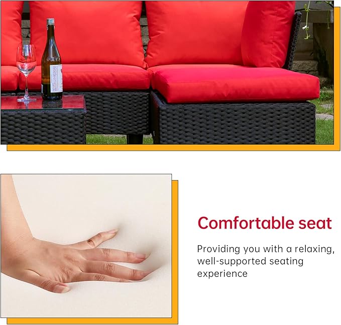 FDW Patio Furniture Sets 5 Pieces Outdoor Wicker Conversation Set Sectional Sofa Rattan Chair for Outdoor Backyard Porch Poolside Balcony Garden Furniture with Coffee Table,Red Cushion