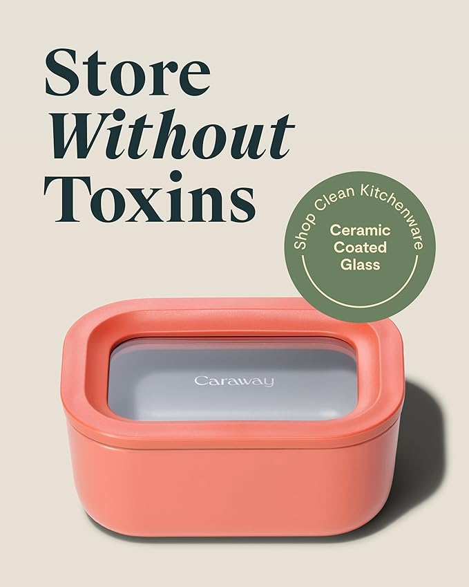 Caraway 6pc Glass Food Storage Set - 2.6 Cup Storage Containers For Food (6) - Non-Toxic Ceramic-Coated Glass - Air Release Technology - Compact & Stackable Design - Perracotta