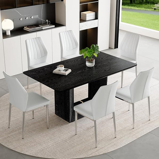 63" Modern Black Dining Table Set for 6 with Chairs, 7 Piece Rectangular Dining Room Table and 6 PU Leather Chairs, Kitchen Dining Set with Matte Wood Finish, Geometric Base, Easy Assembly