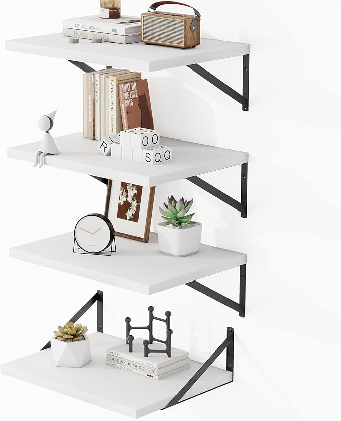 Heimlove 12 Inch Deep Floating Shelves for Wall, 16W x 12D Wide White Floating Shelves Heavy Duty Wall Mounted Shelves, Wood Shelves for Living Room Bedroom Bathroom Kitchen- Set of 4