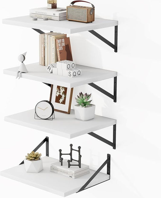 Heimlove 12 Inch Deep Floating Shelves for Wall, 16W x 12D Wide White Floating Shelves Heavy Duty Wall Mounted Shelves, Wood Shelves for Living Room Bedroom Bathroom Kitchen- Set of 4