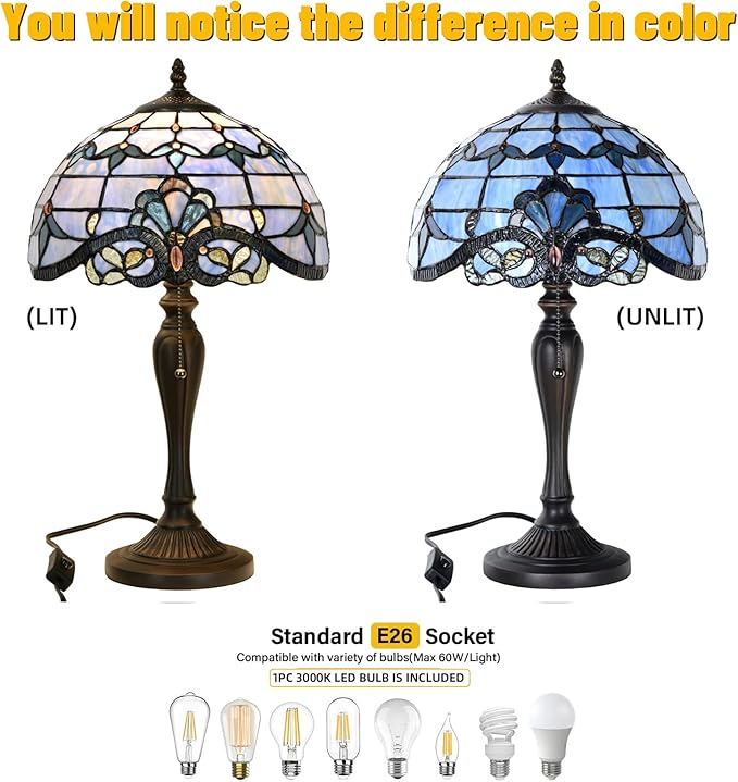 TL0015 Blue Baroque Tiffany Table Lamp Stained Glass Reading Desk Light 12 X 20 Inches for Bedroom Living Room, Handcrafted Artwork for Home Office, LED Bulb Included (Blue Baroque)