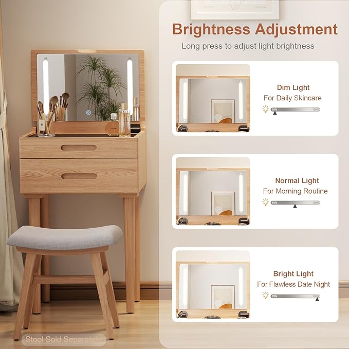 Solid Wood Small Vanity Desk with Mirror and Lights, Narrow Makeup Vanity for Small Space, Flip Top Vanity Side Table, 3 Color Modes & Adjustable Brightness, 19.6" Slim Dressing Table, Natural