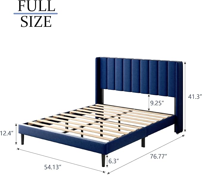 Full Size Bed Frame with Upholstered Wingback Headboard, Easy Assemnly Platform Bed, Wooden Slat Support No Box Spring Needed, Navy Blue