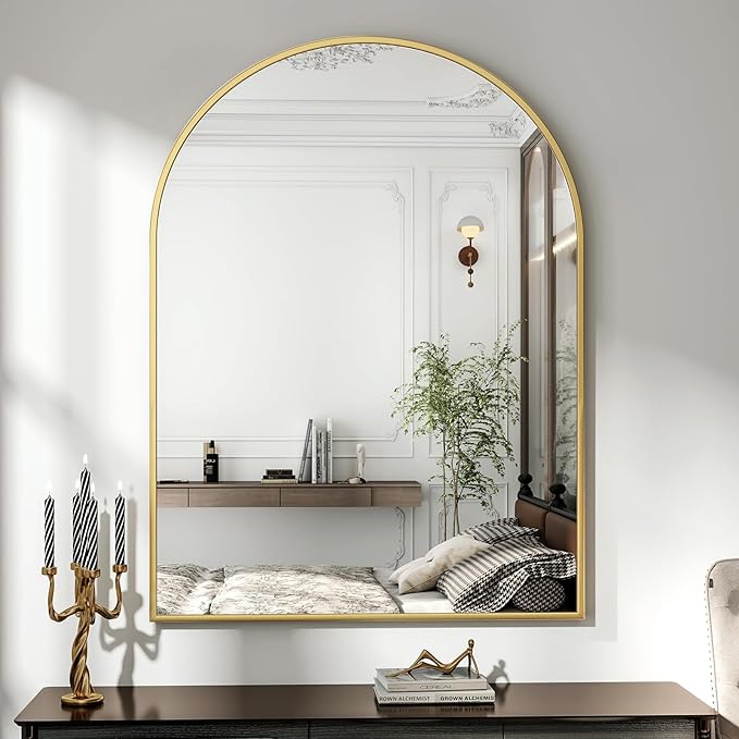 32"x48" Arched Bathroom Mirror with Aluminum Frame Arched Wall Mounted Vanity Mirror for Entryway, Bedroom, Living Room, Gold