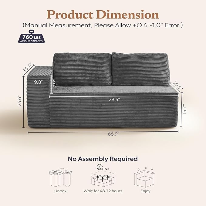 Loveseat Sofa, Cloud Modular Sofa Couch, Upholstered Floor Sofa with Deep Seat, Upholstered Foam Couch for Bedroom Living Room, No Assembly Required (Plush Corduroy Fabric, Grey)