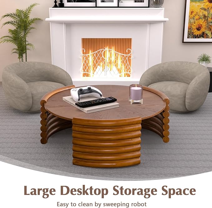 36" Round Coffee Table for Living Room Mid Century Modern Vintage Circle Coffee Table Center Tables Fluted Accent Tea Tables for Apartment Living Room