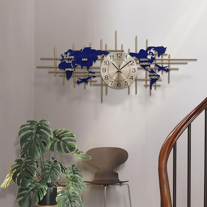 37.8 Inch Modern World Map Wall Clock, Silent Quartz 3D Design, Large Handmade Iron Frameless Decorative Clock for Living Room, Bedroom, Kitchen, Office (Large)