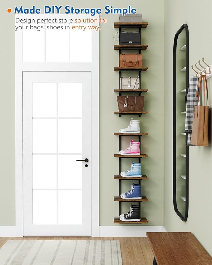 5 Tier Wall Bookshelf Unit for Bedroom Books, Large Floating Book Shelves Wall Mounted, Rustic Wood Lack Tiered Hanging Shelf for Kitchen Office Living Room Corner (Dark Brown)