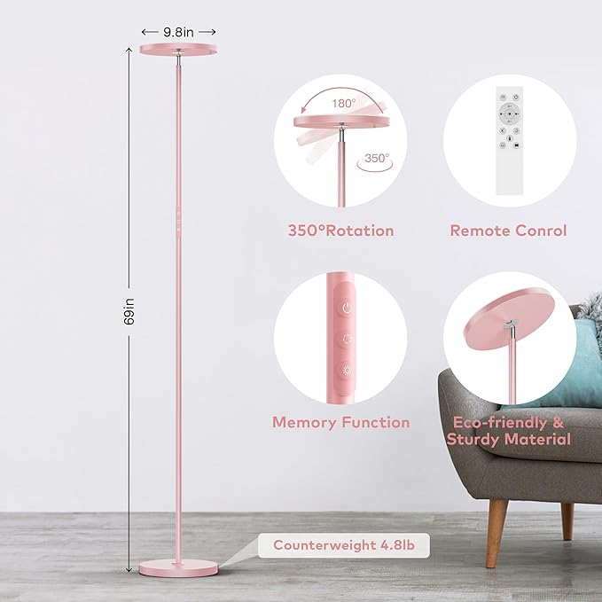 Pink Dimmable Floor Lamp, Bright 36W 3500LM Standing Lamp with Remote Touch Control, 2700K Soft White to 6500K Cool White Adjustable, LED Torchiere Tall Light for Living Room,Bedroom,Office,Sofa