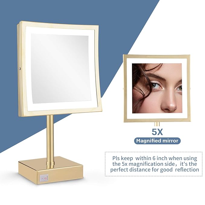 DOWRY Tabletop LED Lighted 5X Magnifying Makeup Mirror Square with Plug 8 Inch Polished Gold Finished