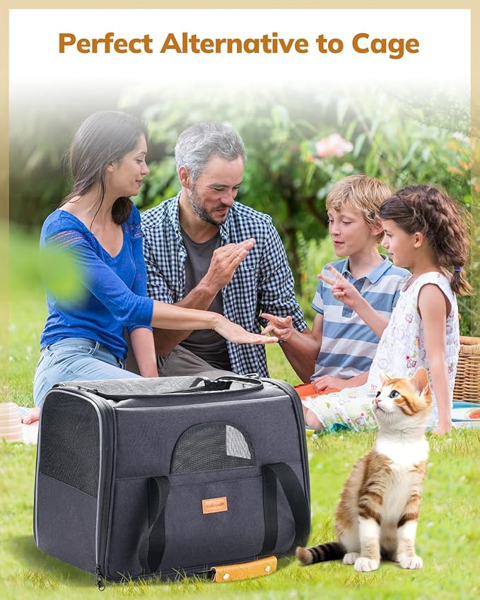 Morpilot Cat Carrier - Soft Sided Cat Carrier Large for Big Medium Cats and Puppy up to 18lbs, Pet Carrier with Safety Zippers, Foldable Bowl, Airline Approved Large Dog Carrier - Dark Gray