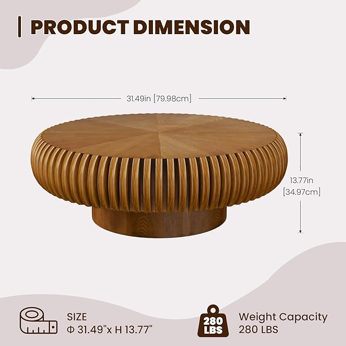 Round Drum Coffee Table for Living Room, Mid Century Modern Coffee Table with Sturdy Pedestal, Farmhouse Fluted Circle Center Table Accent Tea Table for Apartment (31.5" Brown)